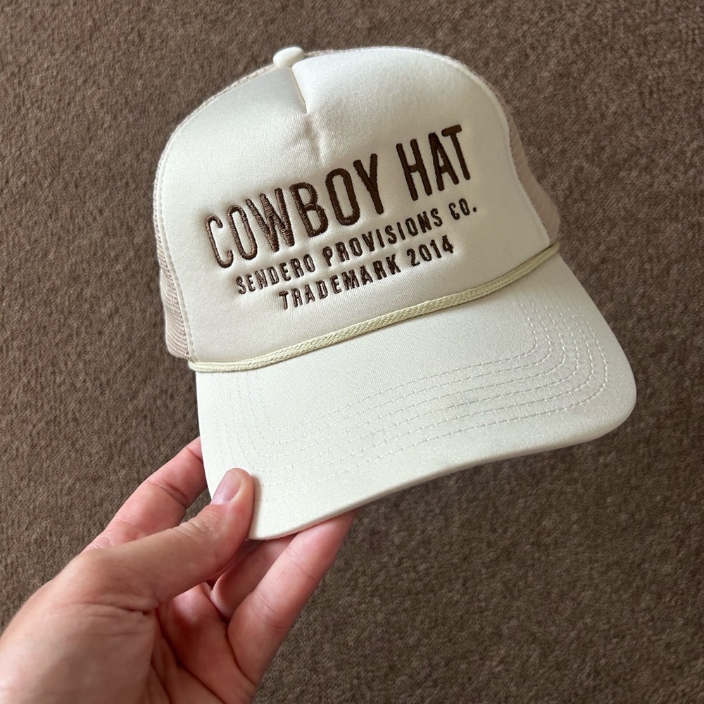 Free People Cream Cowboy Hat Trucker Cap with Brown Embroidery